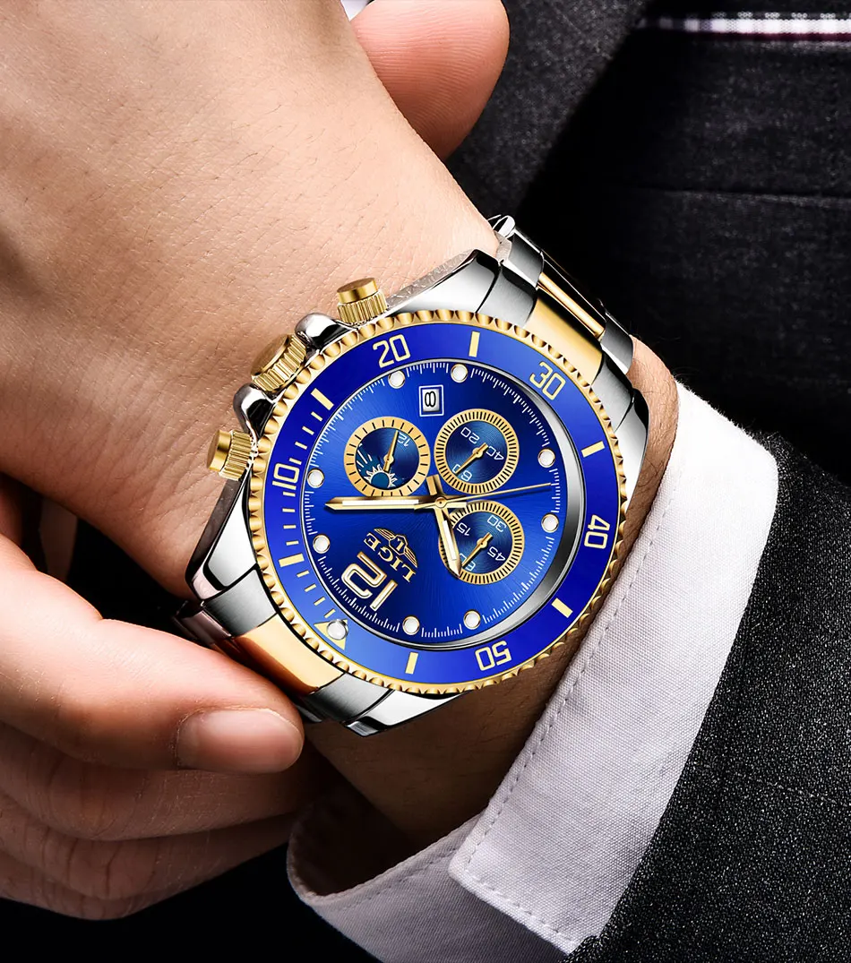 LIGE Watches Mens Top Brand Luxury Clock Casual Stainless Steel 24Hour Moon Phase Men Watch Sport Waterproof Quartz Chronograph