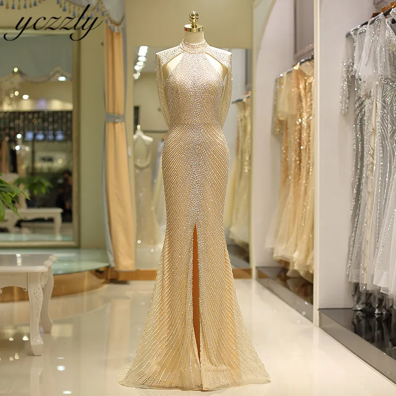 Robe Soiree Дубай роскошное арабское вечернее платье с высоким воротом Русалочка длинное, с блестками платье выпускного вечера с разрезом плюс размер вечерние платья Z48