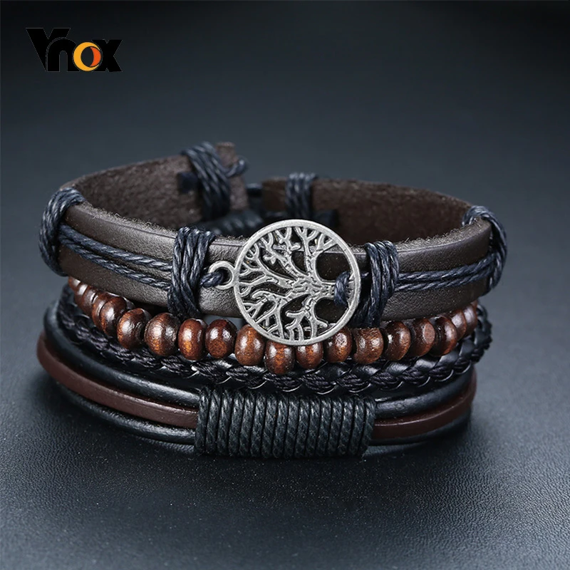 Vnox 4 Pièces/ensemble Écharpe Tressée Bracelets En Cuir Pour hommes Vintage Vie Arbre Gouvernail Charme Perles En Bois Ethnique Tribal Bracelets