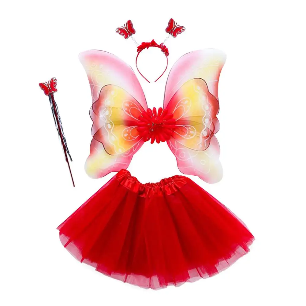 Костюм феи для девочек из 4 предметов; трехслойная фатиновая юбка-пачка с крыльями радуги и бабочки; повязка на голову; вечерние От 3 до 8 лет принцессы на Хэллоуин