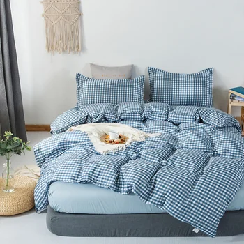 

Nordic bedding set blue plaid bed linen for kids adult duvet cover bed sheet pillowcase bed sets singe queen king size