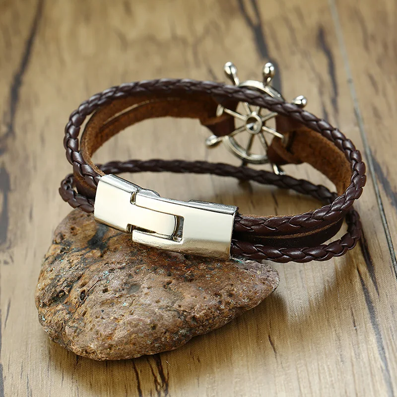 Vnox Vintage Rudder Charm Bracelet for Men Multi-layer Leather Rope Bracelets Bangles 7.87