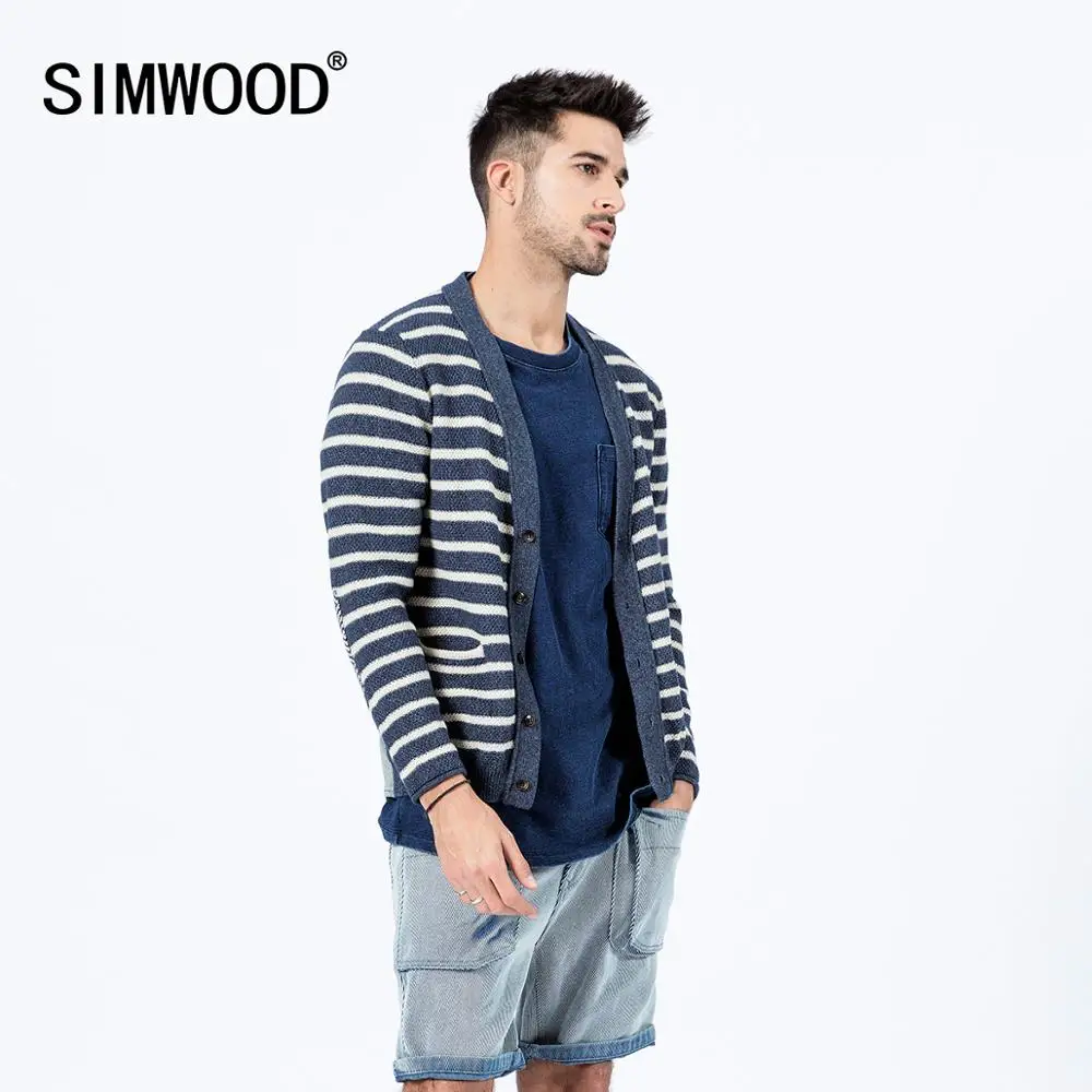 Kint-Jackets Cardigan Men Patchwork Plus-Size New SIMWOOD Denim Cotton Striped Indigo