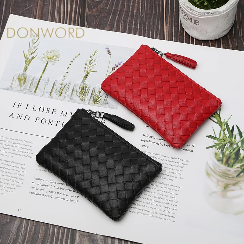 

Hand-knitted coin purse new leather small wallet ultra-thin sheepskin short zipper clutch key bag