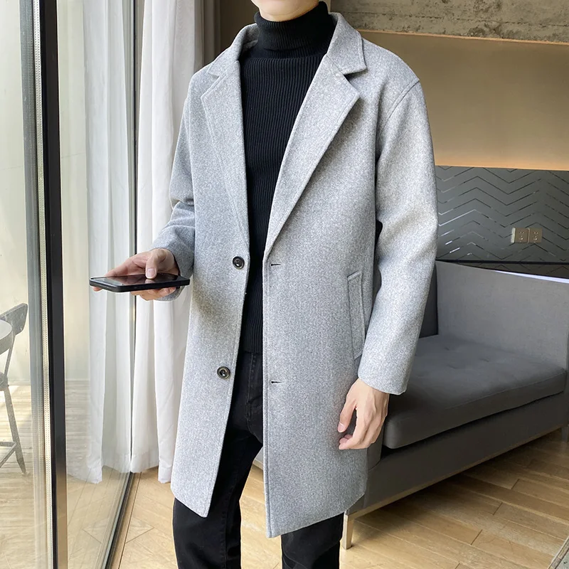 British Style Winter Men's Woolen Windbreaker Coat New Solid Color Single Breasted Trench Slim Fit Business Casual Wool Jacket