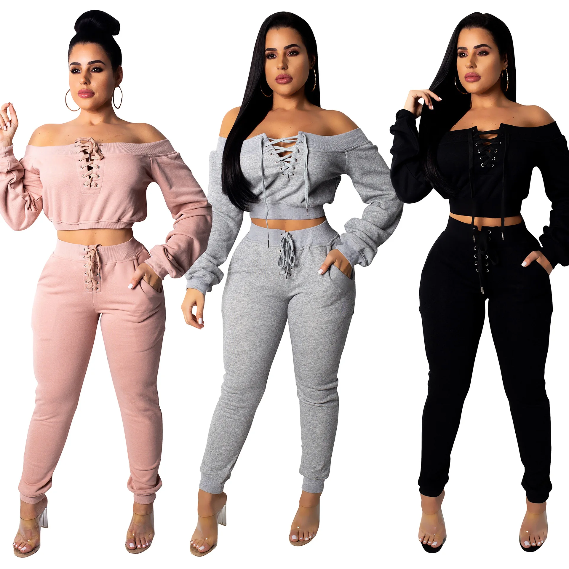 

Echoine Autumn Winter Women Two Piece set Crop Top and Pants Sexy Off-shoudler Grommmet Casual Matching Set Tracksuit Sportwear