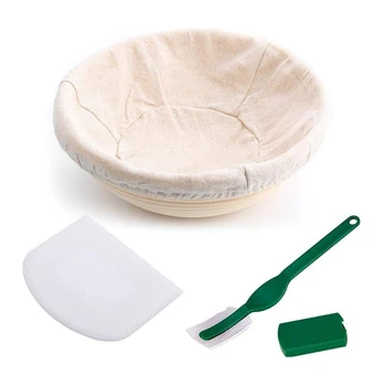 

9Inch Round Bread Protective Basket Including Linen Liner, Dough Scraper and Bread Lifting Dough Baking Bowl Gift