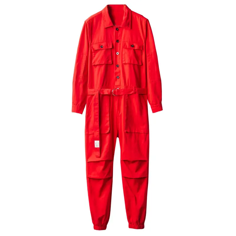 2021 Overalls Men's Jumpsuit Lapel Long Sleeve Cotton Multi-Pocket Beam Feet Fashion Black Yellow Red Freight Trousers Pants | Мужская