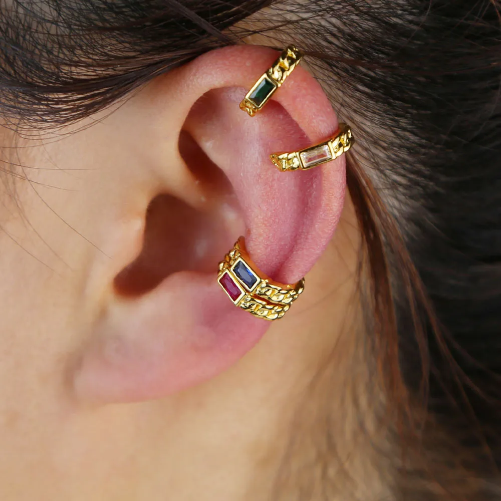 Goldfarbenes kubanisches Kettenband mit einem einzelnen Stein, rechteckig, grün, blau, rot, weiß, CZ, ohne Piercing, Ohrklemme, Ohrring, 1 Stück – Detail 8
