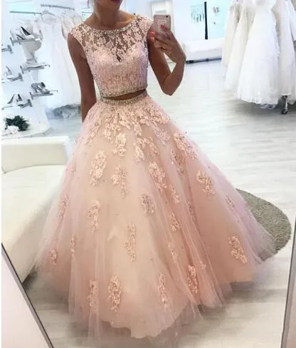 

Two Pieces Evening Dress Long Sleeveless Tulle Appliqued Crystal O Neck Prom Gowns Party Dresses Robe De Soiree