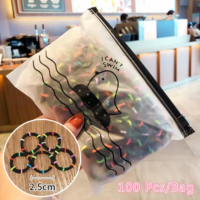 50/100/200 Pcs/Bag Children Cute Candy Cartoon Solid Elastic Hair Bands Girls Lovely Srunchies Rubber Bands Kid Hair Accessories Black slub-100 Pcs
