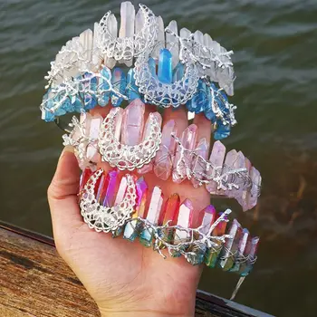 

Women Handmade Raw Crystal Crown Alloy Moon Branch Festival Boho Fairy Hair Hoop