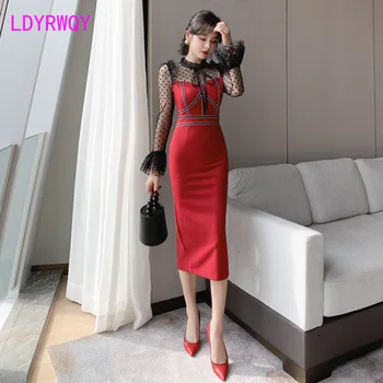 

2019 autumn and winter ladies' temperament wave dot mesh fake two-piece tube top stitching sleeve dress