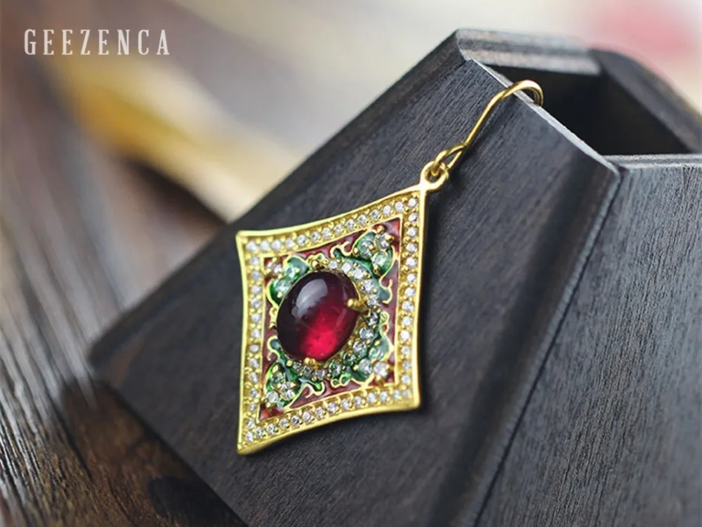 925 стерлингового серебра, Драгоценный Рубин, Cloisonne цвет, серьги ручной работы, ювелирные изделия, женские винтажные Роскошные серьги