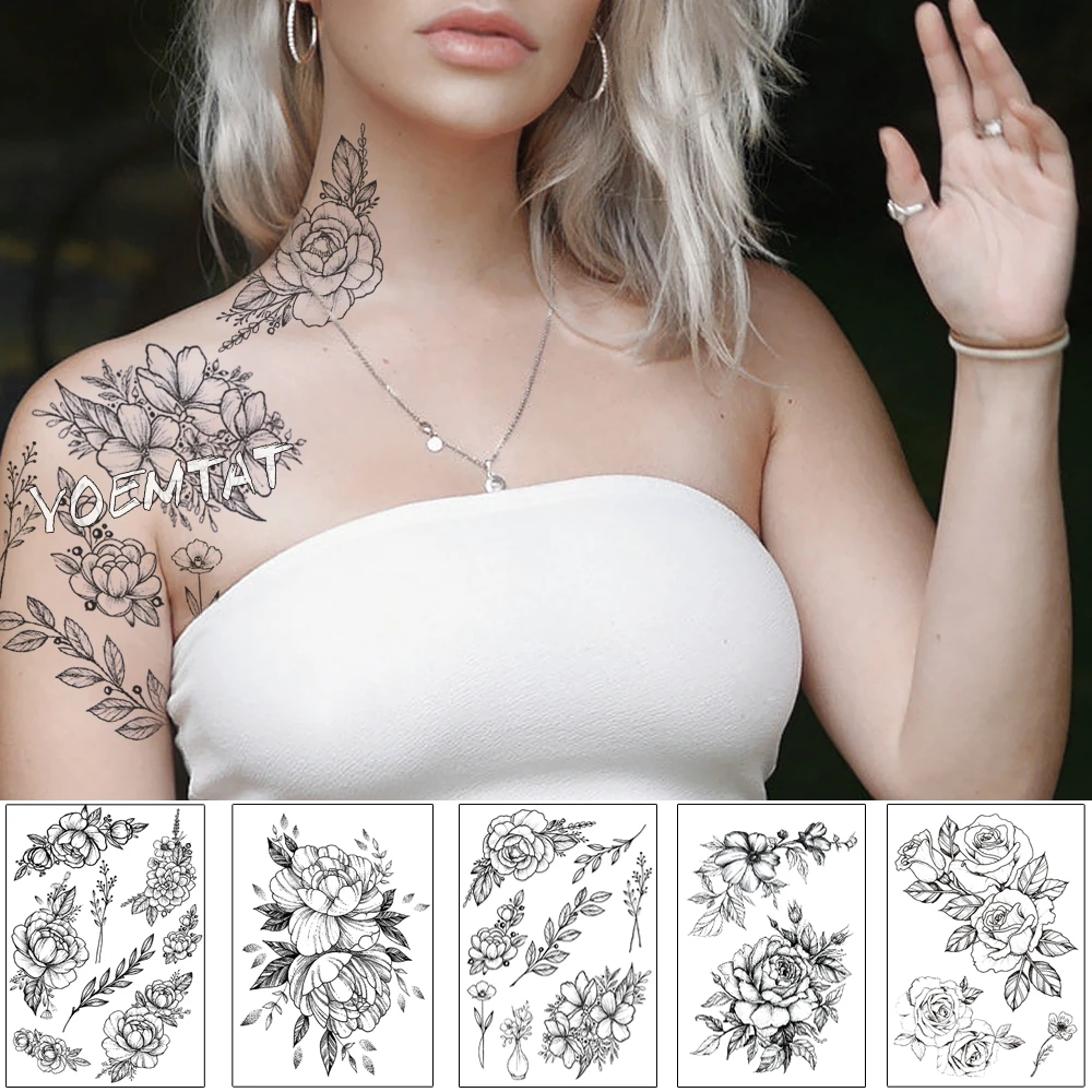 Tatouage Poitrine Femme Rose Autocollant de tatouage temporaire pour femmes, Rose minimaliste,  imperméable, Art de la poitrine, tatouage de corps, taille de fille,  Bracelet Flash, fleur | AliExpress