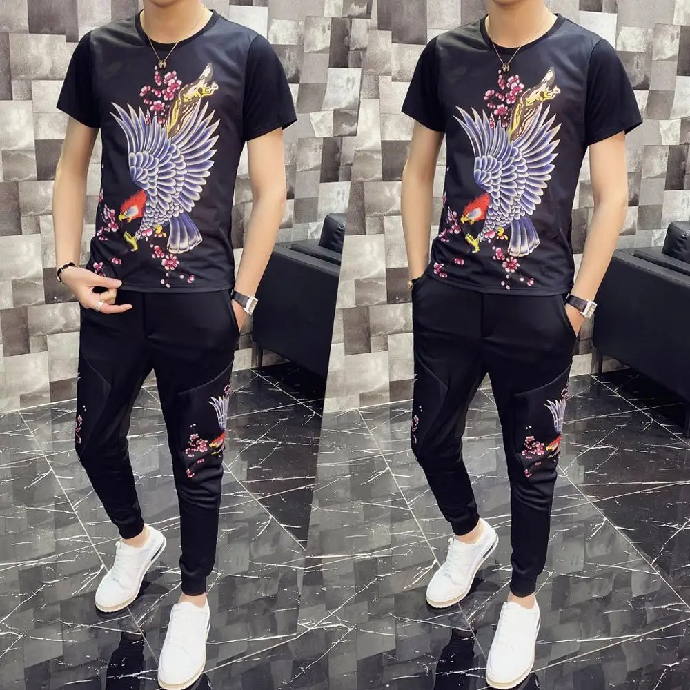 

Mens 2 Piece Set Tracksuit Luxury Vintage Casual T-shirt Pants Hip Hop Streetwear Sweat Suits Men Nightclub Sports Jogger Sets