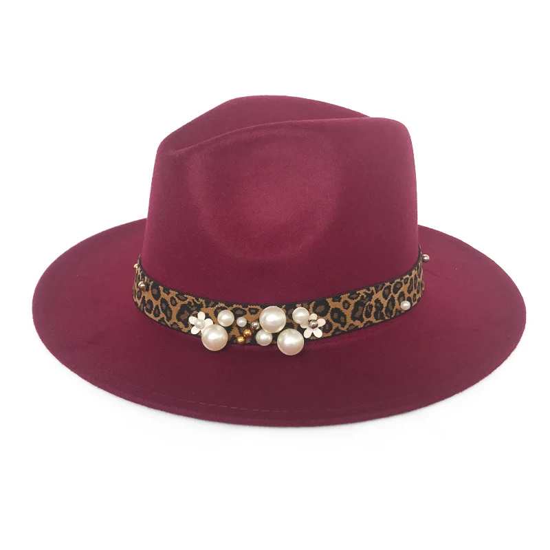 YY леопардовая лента Fedora шляпа для женщин осенняя фетровая шляпа с жемчугом винтажные джазовые шляпы Дамская церковная Трилби Chapeau Femme шапки FD19021 - Цвет: Wine Trilby Cap
