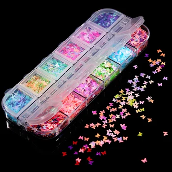 

12grids/Set Holographics Nail Art Colorful Flakes Glitter Butterfly Nail Sequins Decoration Flames Design Sticker