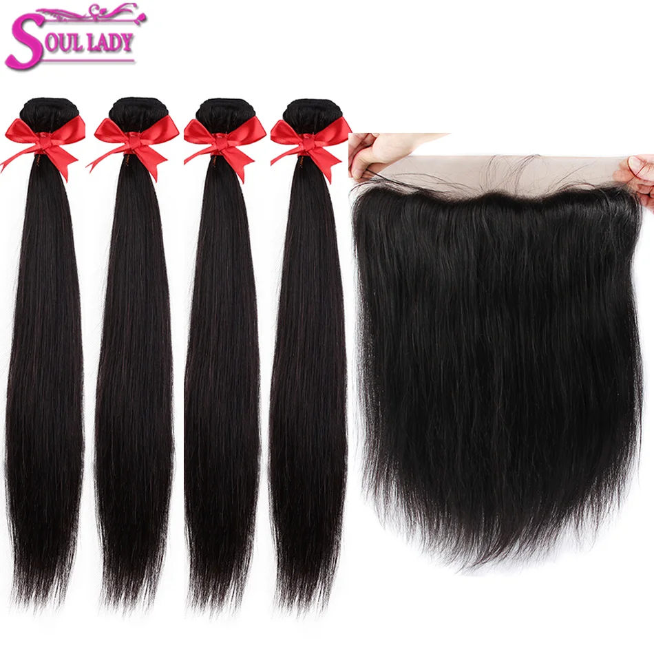 

Soul Lady Malaysian Straight Hair Weave 4 Bundles With Frontal Non Remy 13x4 Ear to Ear to Ear Lace Frontal Closure With Bundles