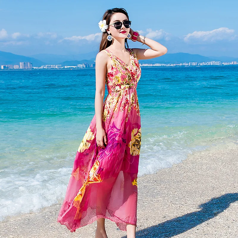 Vrouwen Zomer Jurk Mouwloos Lange Party Dress Bobo Beach Jurken Casual Backless Jurken Zijden Print Roze Vestido LWL1531 Vrouwen Zomer Jurk Mouwloos Lange Party Dress Bobo Beach Jurken Casual Backless Jurken Zijden Print Roze Vestido LWL1531