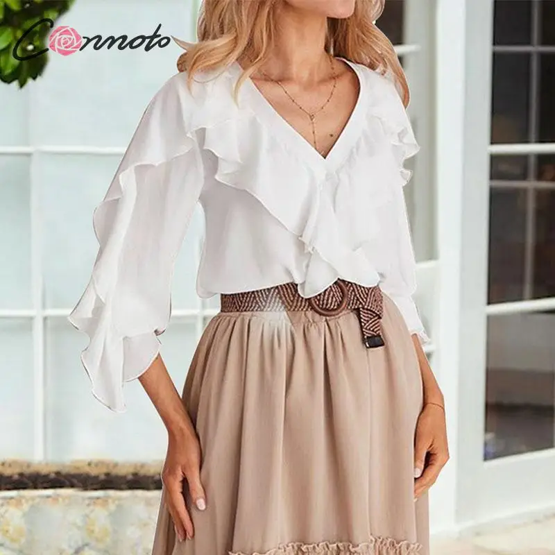  Conmoto Long Sleeve Ruffles Women Blouse Shirts Autumn Winter 2019 Chiffon Blouses Tops Female Whit