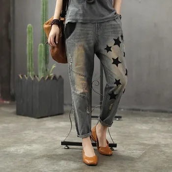 

2019 Spring Women Retro Five Stars Print Loose Jeans Casual Ladies Elastic Waist Embroidery Hole Denim Trousers