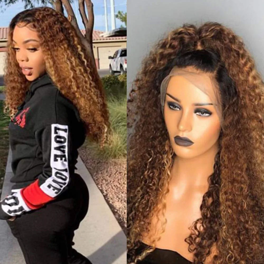 Honey Blonde Highlight Tight Curly Human Hair Lace Front Wigs Preplucked Frontal Remy For Black Women | Шиньоны и парики