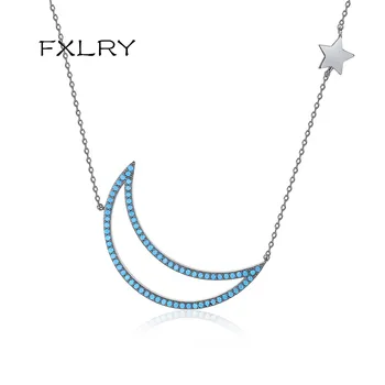 

FXLRY Elegant Gun Black with Blue Cubic Zircon Stones Moon Pendant Single Star in Chain Necklaces for Girl to gift Fashion Jewe