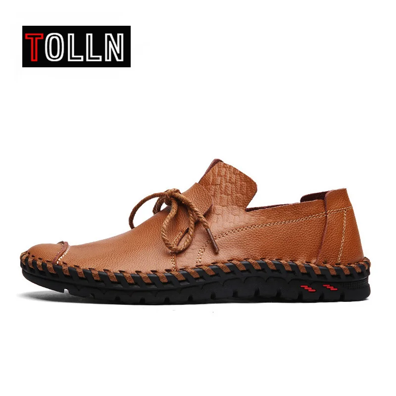 

Spring Solid Men's Boat Footwear Fashion Genuine Leather Loafers Lace Up Casual Shoes Man Comfortable Lazy Shoes