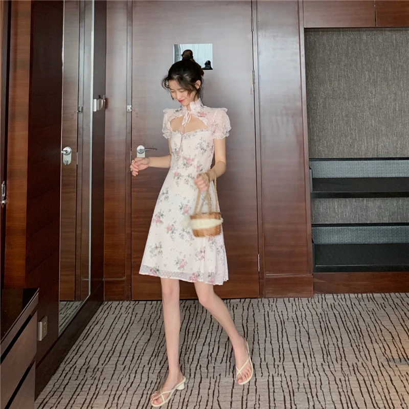 Летнее Новое корейское модное милое платье с короткими рукавами и цветочным принтом, винтажное женское Повседневное платье трапециевидной формы с высокой талией ulzzang Harajuku
