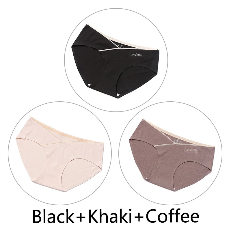 Black Khaki Coffee 3 шт., трусы с низкой талией, нижнее Белье для беременных женщин, большой размер, M-4XL, хлопок, бесшовные трусы, v-образная форма, поддержка живота, нижнее Белье для беременных - Цвет: Black Khaki Coffee