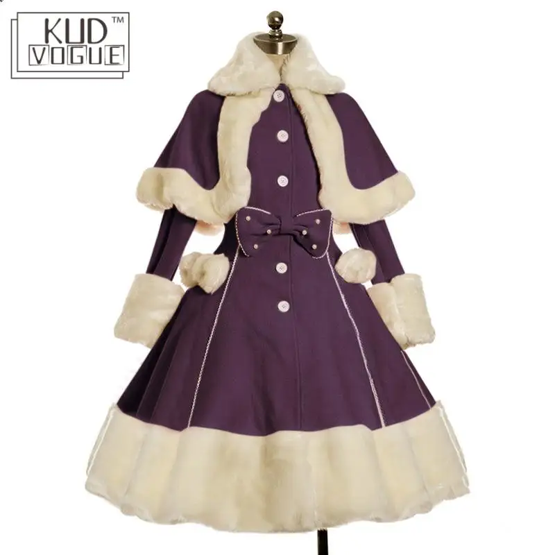 Lolita Dress Suit Women Winter Fur Collar Shawl & Bow Vintage Gothic Victorian Warm Thick Cute Girls Full Sleeve Spring Autumn
