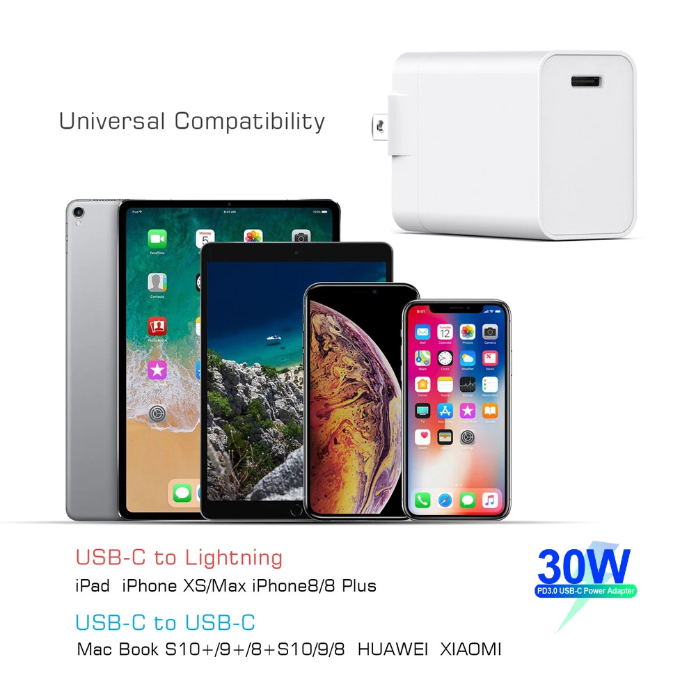 30 Вт Ультра компактное настенное зарядное устройство тип-c питания, порт питания PD 18 Вт для iPhone Xs/Max/XR, iPad, для MacBook, Galaxy(кабель для C-C