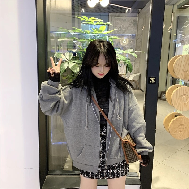 HAYBLST Брендовые женские толстовки на молнии новые осенние зимние Kpop Kawaii повседневные топы свободного кроя размера плюс XL одежда с длинным рукавом