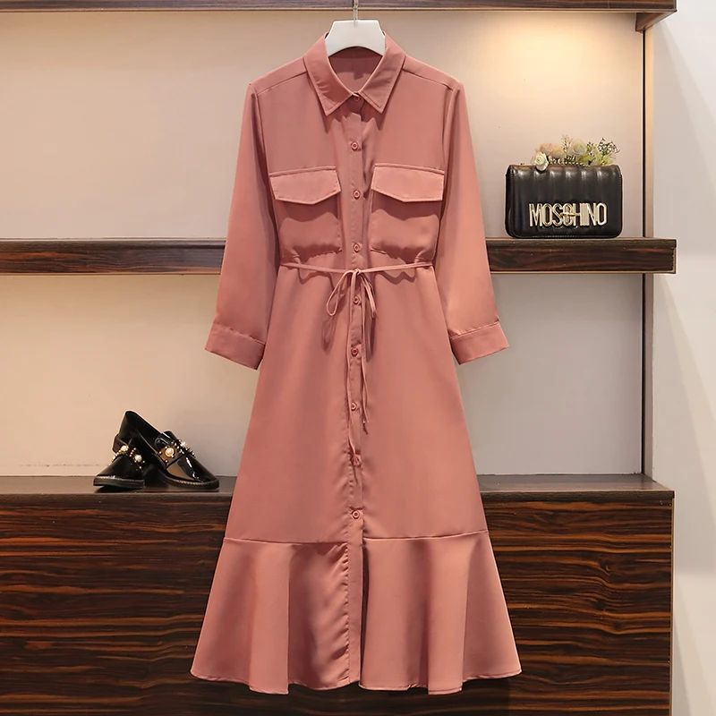 XL-5XL плюс размер женское Элегантное Длинное Платье-рубашка осень корейская мода с длинным рукавом однобортные женские платья с оборками - Цвет: Pink