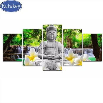 

diamond painting waterfalls buddha flower mosaic Full Square/Round Diamond Embroidery rhinestones 5 piece 3d pictures ,