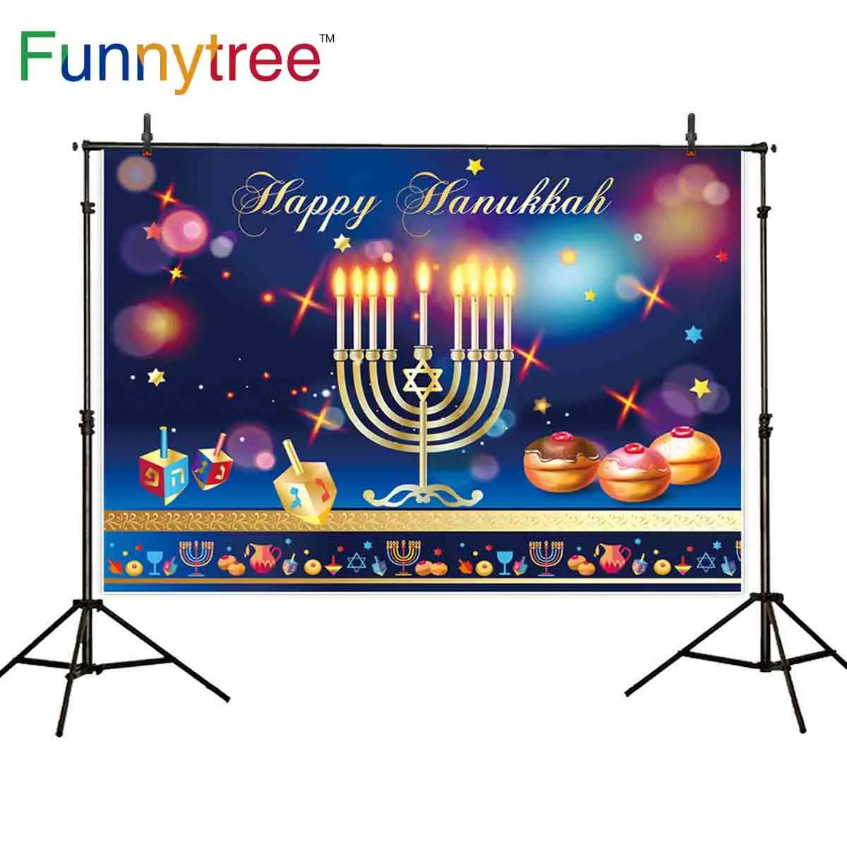 Funnytree Happy Hanukkah Menorah Jewish Photography Studio Accessories Background Candle Dessert Wine Photozone Photophone Party |
