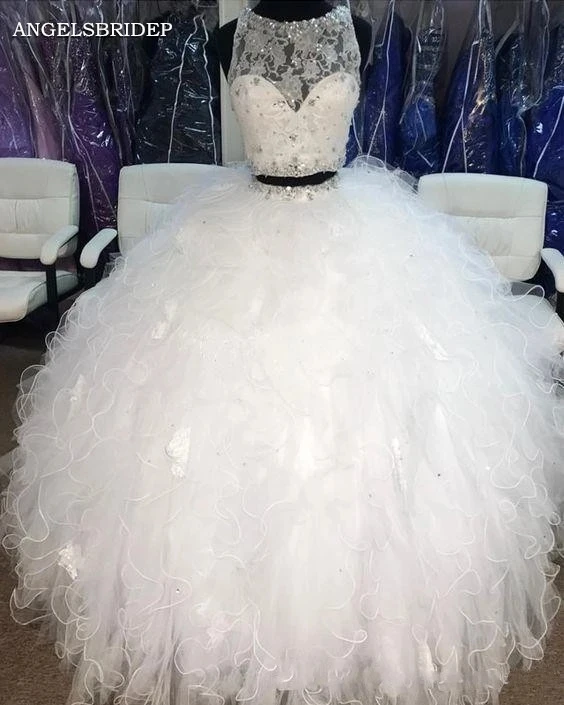 

Angelsbridep Organza Vintage Ball Gown White Ivory Princess Belt Bride Gown Two Pieces Wedding Dress Vestido De Noiva Lace Up