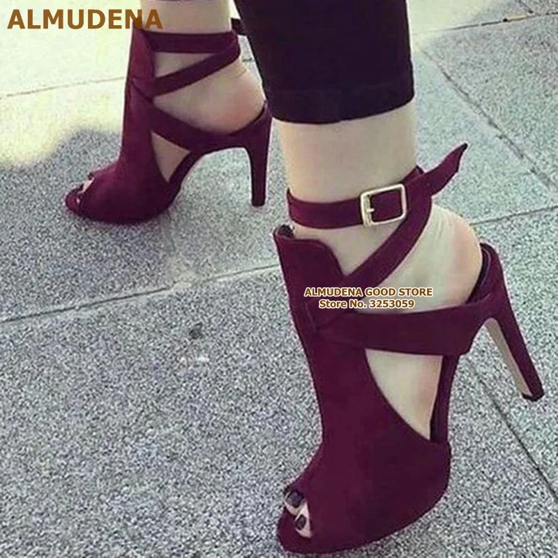 

ALMUDENA Wine Red Suede Chunky Heel Ankle Boots Open Toe Buckle Strap High Heel Shoes Cut-out Fall Outdoor Footwear Dress Pumps