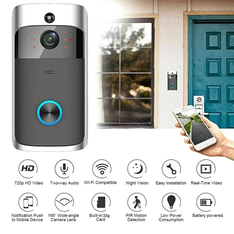 

WiFi Smart Video Doorbell HD Security Camera Wireless Intercom PIR Wide-Angle for Home OUJ99