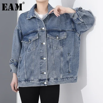

[EAM] Loose Fit Blue Brief Pocket Denim Big Size Jacket New Lapel Long Sleeve Women Coat Fashion Tide Spring 2020 1S2605