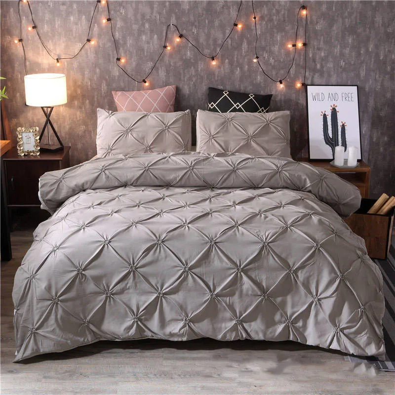 2/3pcs Solid Grey Duvet Cover Set Luxury Pinch Pleat Home Textile Bedding Set King Size Bedclothes Quilt Cover with Pillowcase
