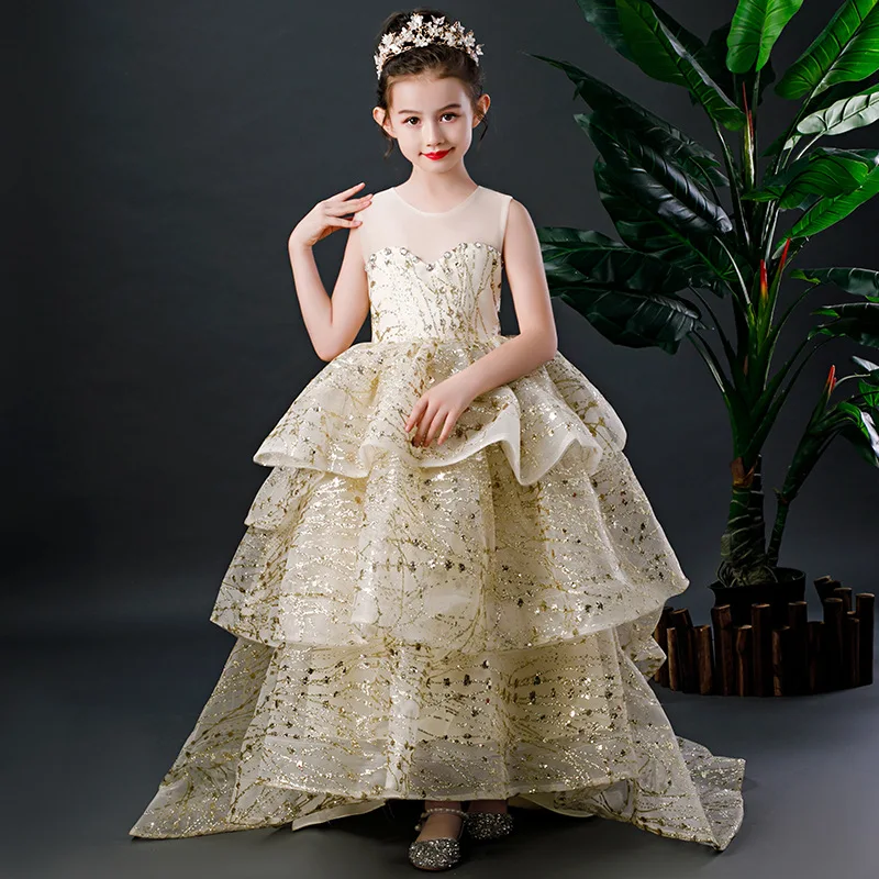 Children Wedding Dress Tailing Puffy Princess Dress Girls Catwalks Piano Costume Nobility Host Late Formal Dress