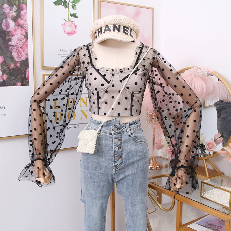 

2020 new retro niche design sense romantic polka dot perspective fungus slim short jacket women