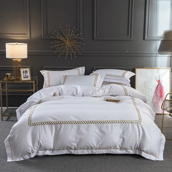 

Embroidered 100%Cotton White Grey Hotel Bedding set Luxury Queen King size Ultra Soft Duvet Cover Set Flat bed sheet Pillowcases