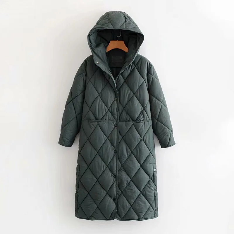 

Japanese Korean WOMEN'S Dress 2019 Autumn And Winter New Style Long Loose-Fit Rhombus Hooded Cotton Overcoat Women's D1909-61