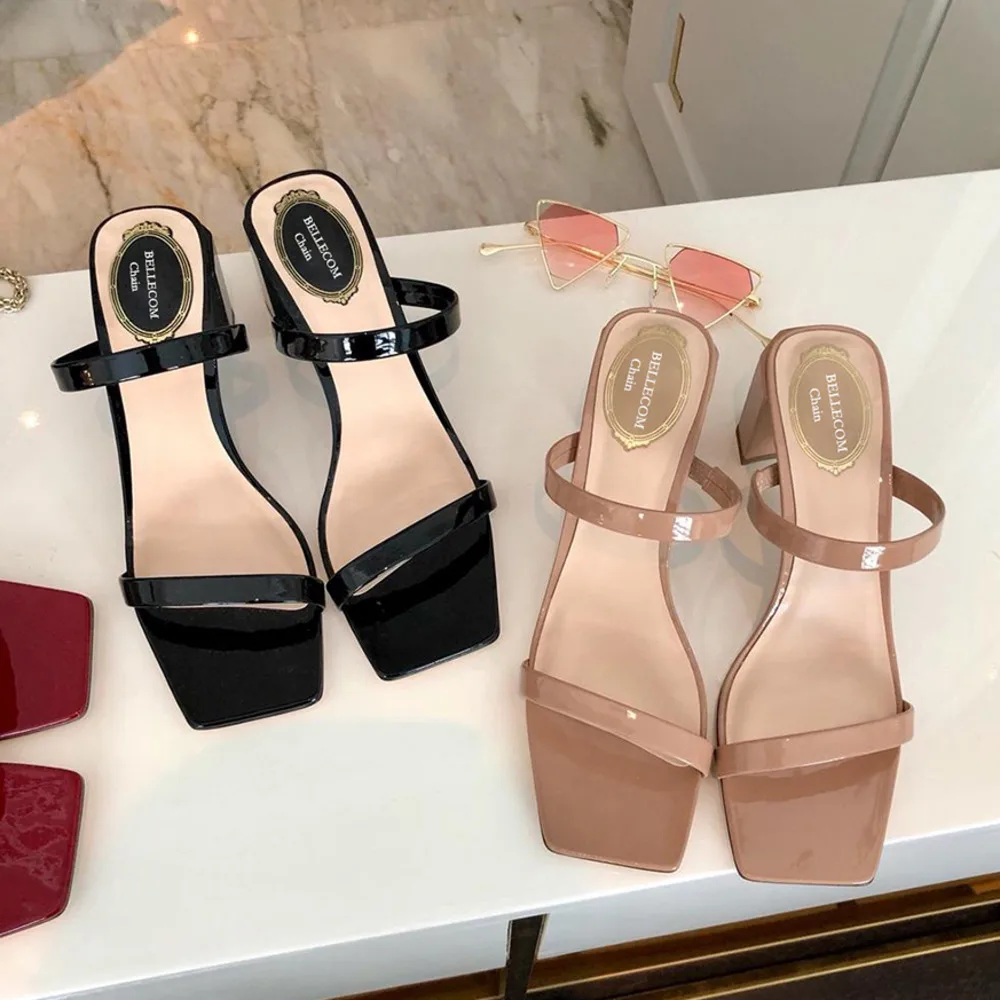 

BELLECOM Summer 2019 New Ladies Square Head Painted Leather with Coarse-heeled Sandals, True-leather High-heeled Sandals