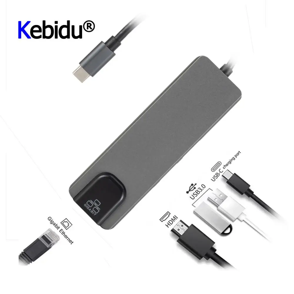 5 в 1 usb-концентратор, адаптер usb type C Hdmi 4K USB C концентратор для Gigabit Ethernet Rj45 Lan для Macbook Pro Thunderbolt3 USB-C зарядное устройство серый
