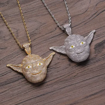 

Hip Hop Micro Paved AAA CZ Stone Bling Ice Out Star Wars Cartoon Master Yoda Men Pendants Necklaces for Male Rapper Jewelry