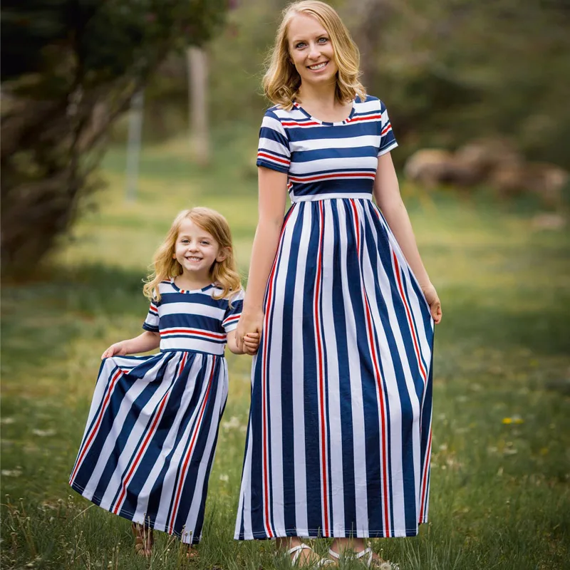 

Mother Daughter Casual Striped Dresses Family Look Matching Clothes Cotton Mom And Daughter Dress Family Clothing